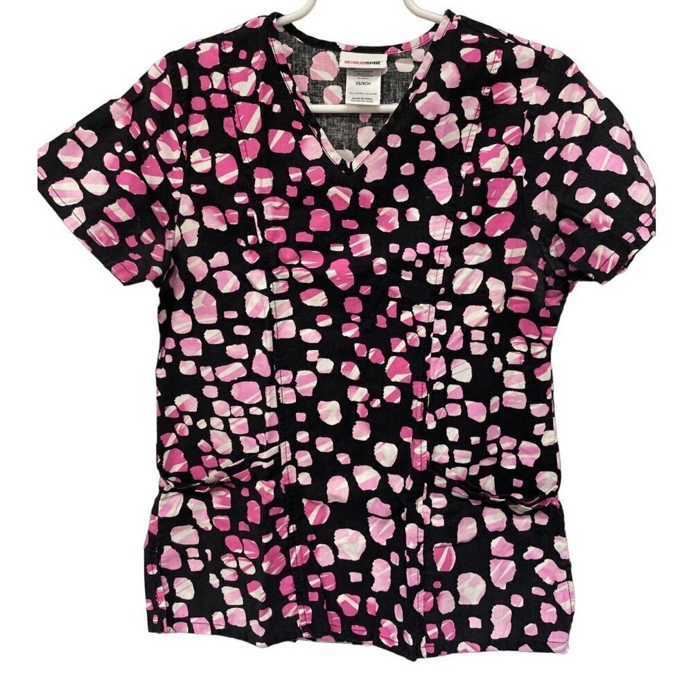 SCRUBSTAR XS BLACK WITH PINK DESIGN SCRUB TOP
